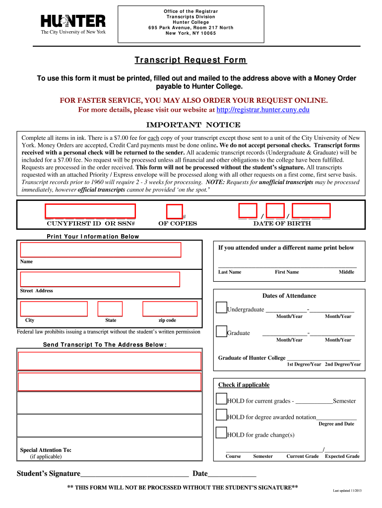 Hunter College Transcript  Form