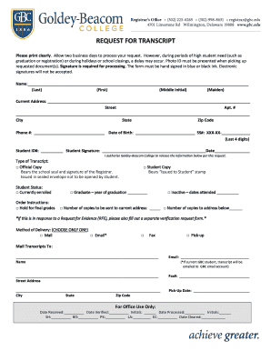 Goldey Beacom Transcript Request Form