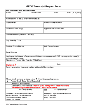 Get and Sign GED Transcript Request Form Delaware Department of Education Doe K12 De 2012-2022