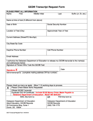  GED Transcript Request Form Delaware Department of Education Doe K12 De 2012-2024