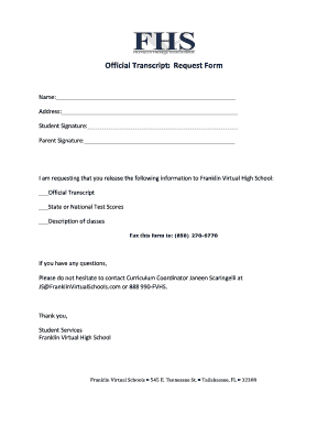 Official Transcripts Request Form Franklin Virtual High School