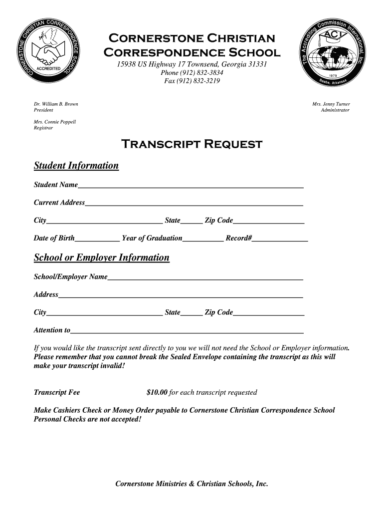 Cornerstone Christian Correspondence School  Form