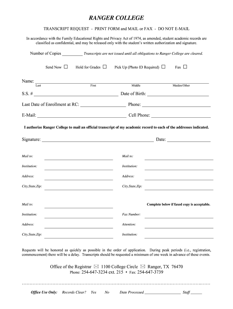 Transcript Request  Ranger College  Rangercollege  Form