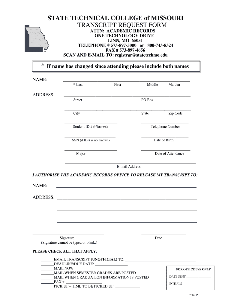 Get and Sign Transcript Request  State Technical College of Missouri  Form