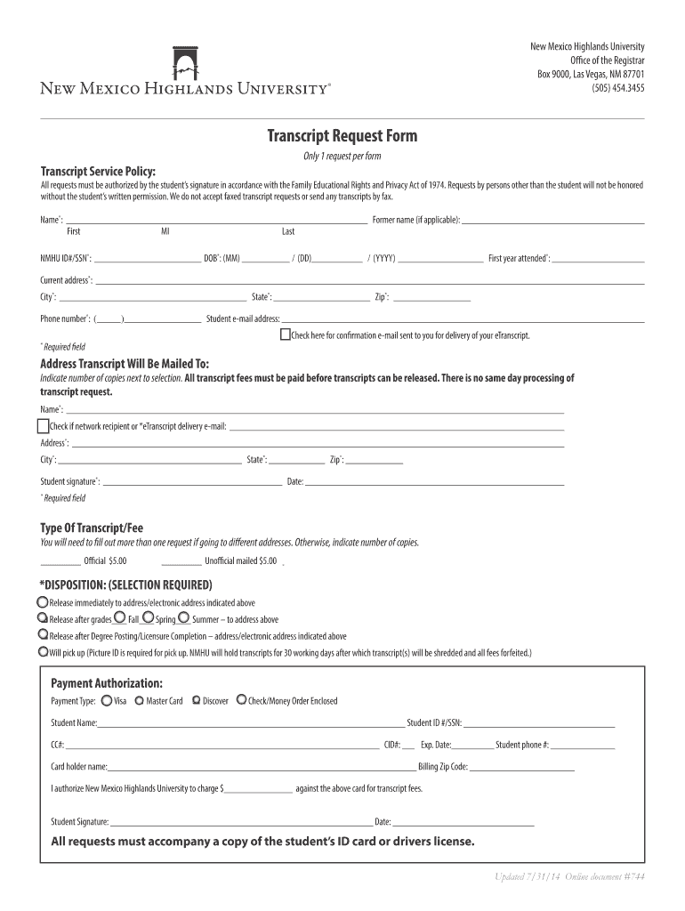 Get and Sign New Mexico Highlands Transcript 2014-2022 Form