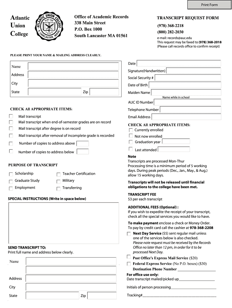 Atlantic Union College Transcript Request  Form