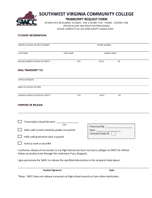 Southwest Virginia Community College Transcript Request  Form
