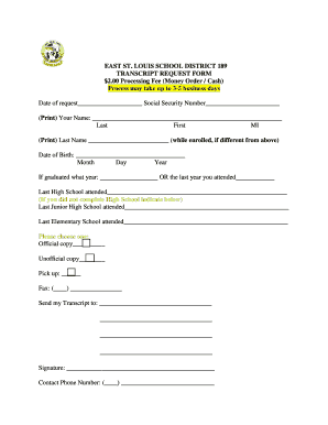 Transcript Request Form East St Louis School District 189