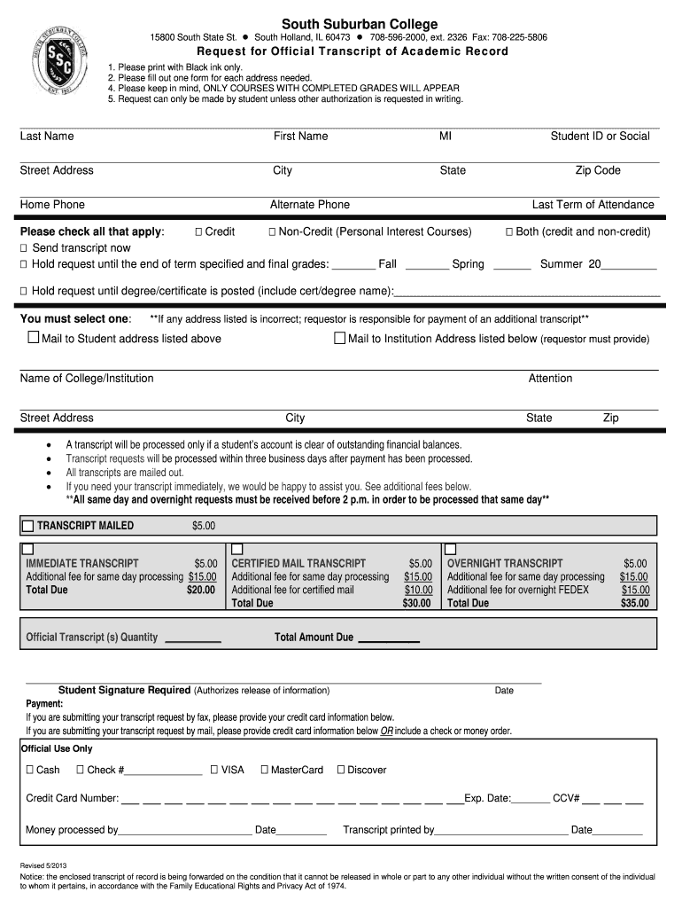 South Suburban College Transcripts  Form