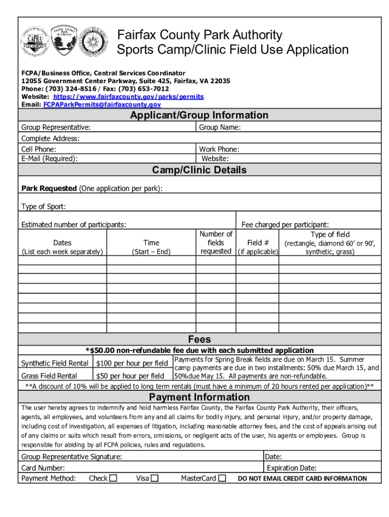 Camp Clinic Field Use Application Fairfax County  Form