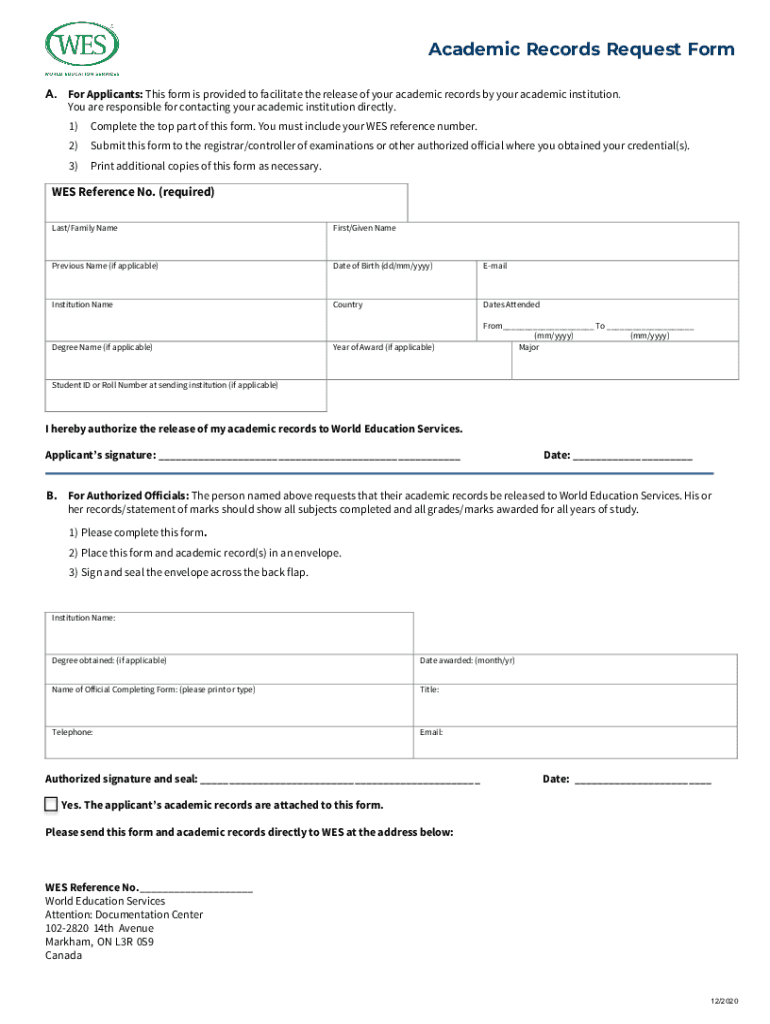 Wes Academic Request Form