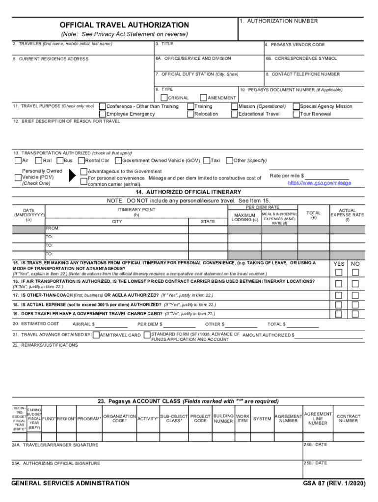 GSA 87 Official Travel Authorization  Form