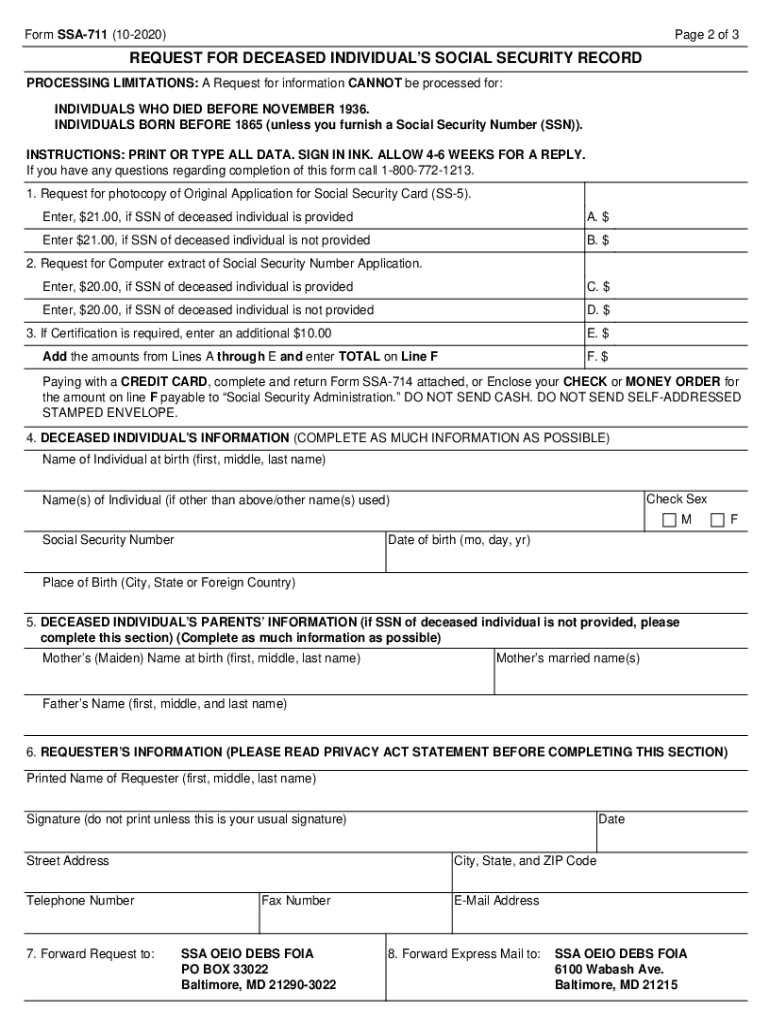 SSA 711 Request for Deceased Individual's Social Security Record  Form