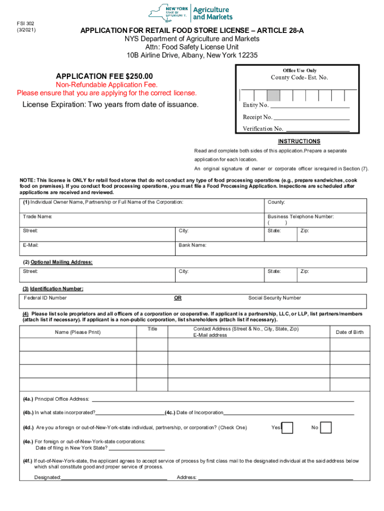 Form FSI302 'Application for Retail Food Store License