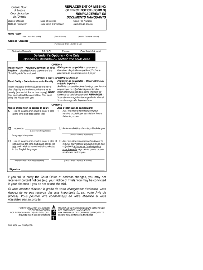 POA 0831 Replacement of Missing Offence Notice Form 3 2017-2024
