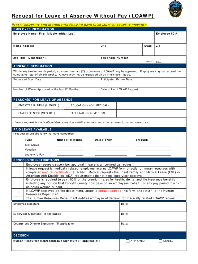 Request for Leave of Absence Without Pay LOAWP  Form