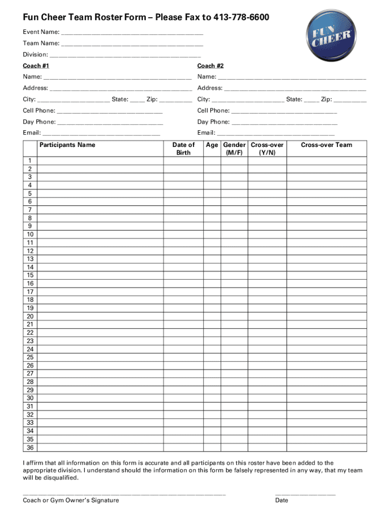  Fun Cheer Team Roster Form Team Roster Form 2016-2024