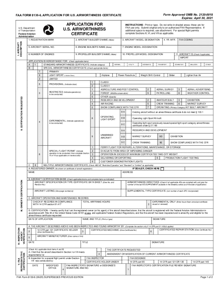 FAA Form 8130 6, Application for U S Airworthiness Certificate