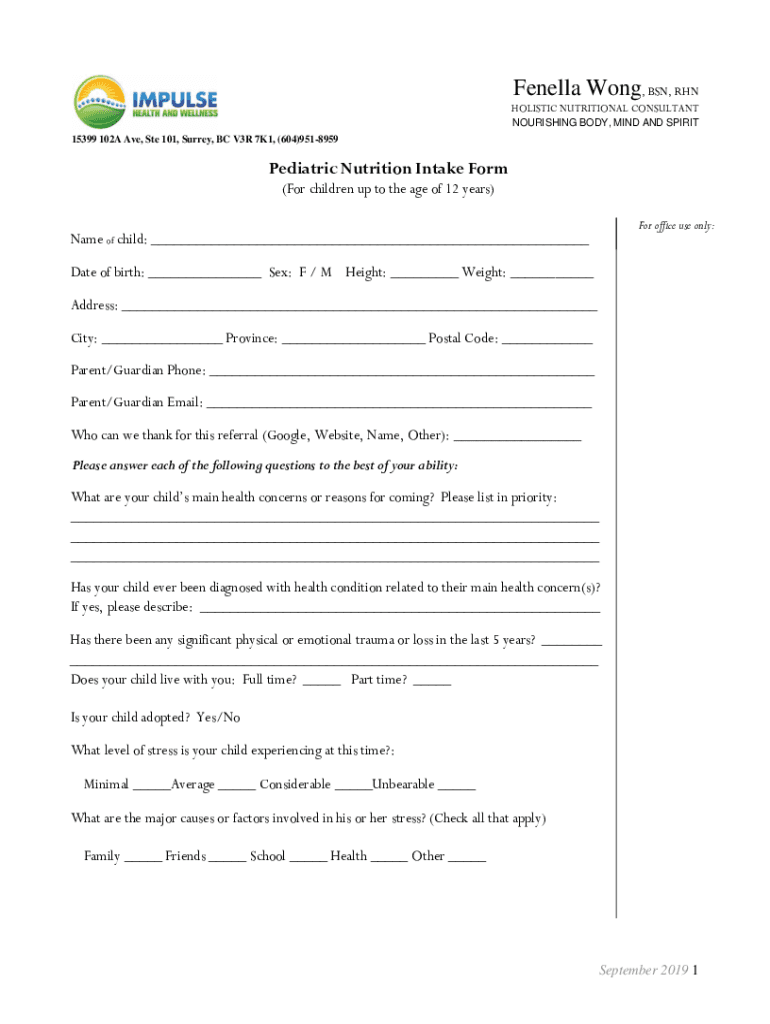 PDF Pediatric Nutrition Intake Form