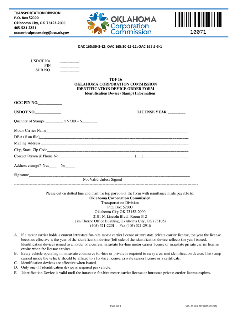 OKLAHOMA CORPORATION COMMISSION IDENTIFICATION DEV  Form
