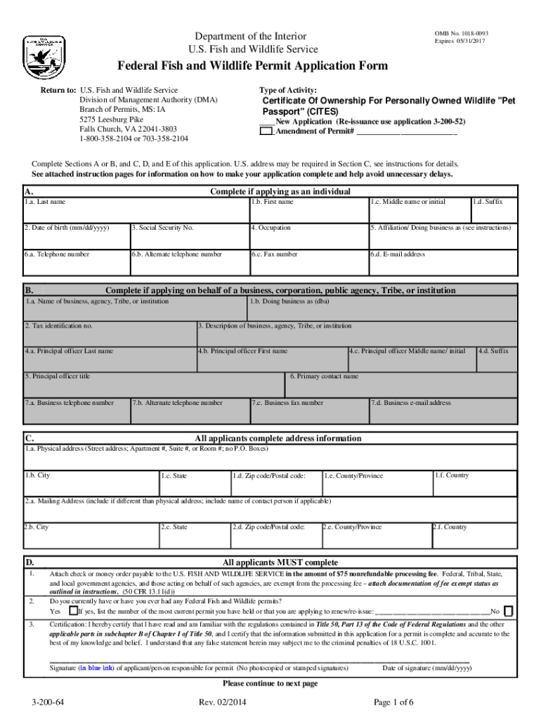  Certificate of Ownership for Personally Owned Wildlife 'Pet 2014-2024