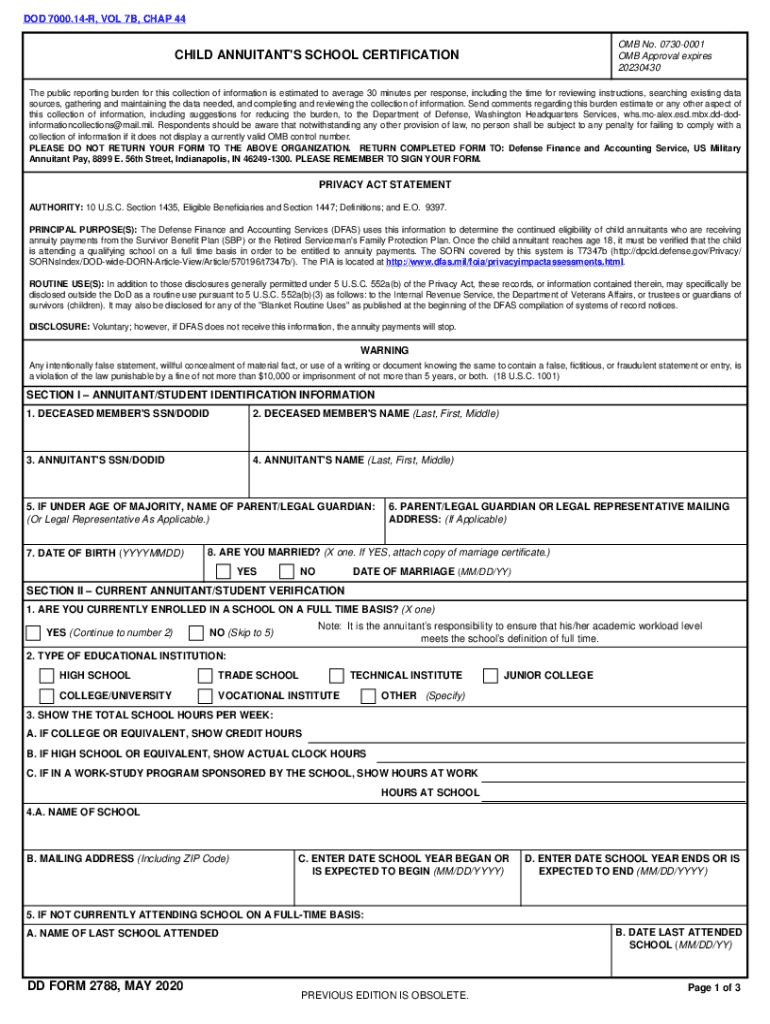 Get and Sign DD 2788 CHILD ANNUITANT'S SCHOOL CERTIFICATION  Form