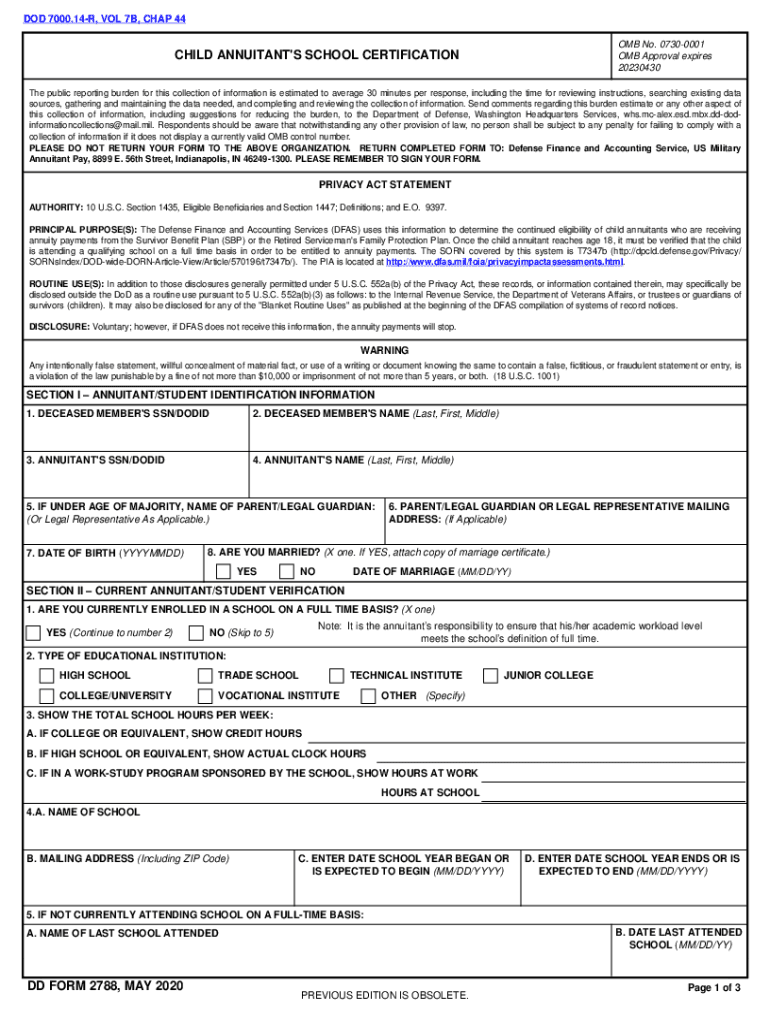 DD 2788 CHILD ANNUITANT'S SCHOOL CERTIFICATION  Form