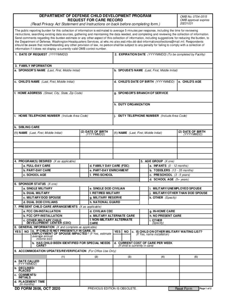 DD Form 2606, 'DoD Child Development Program Request for Care Record '