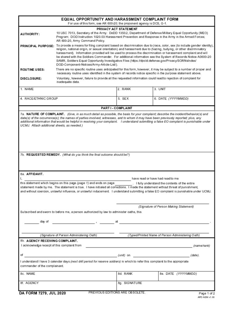 DA Form 7279 Download Fillable PDF or Fill Online Equal