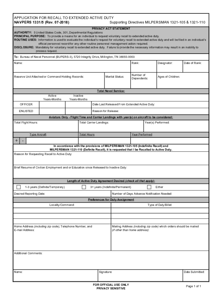 APPLICATION for RECALL to EXTENDED ACTIVE DUTY  Form