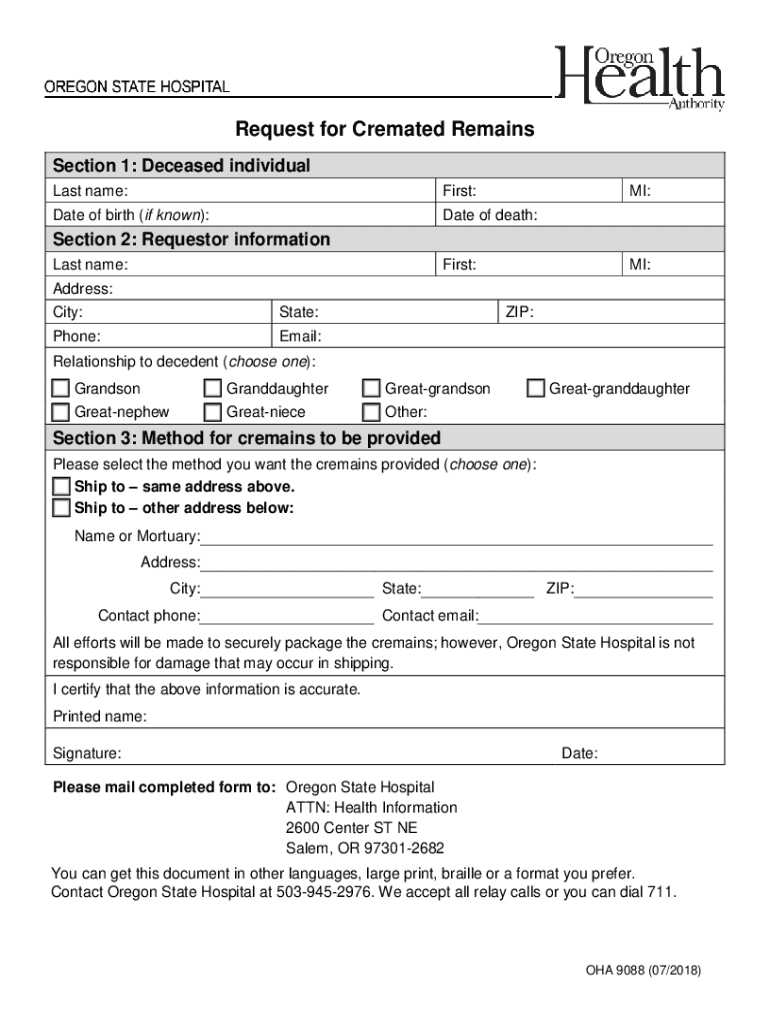  OHA 9088 Request for Creamated Remains OHA 9088 Request for Creamated Remains 2018