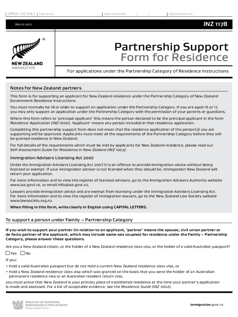  INZ 1178 Partnership Support Form for Residence 2021-2024