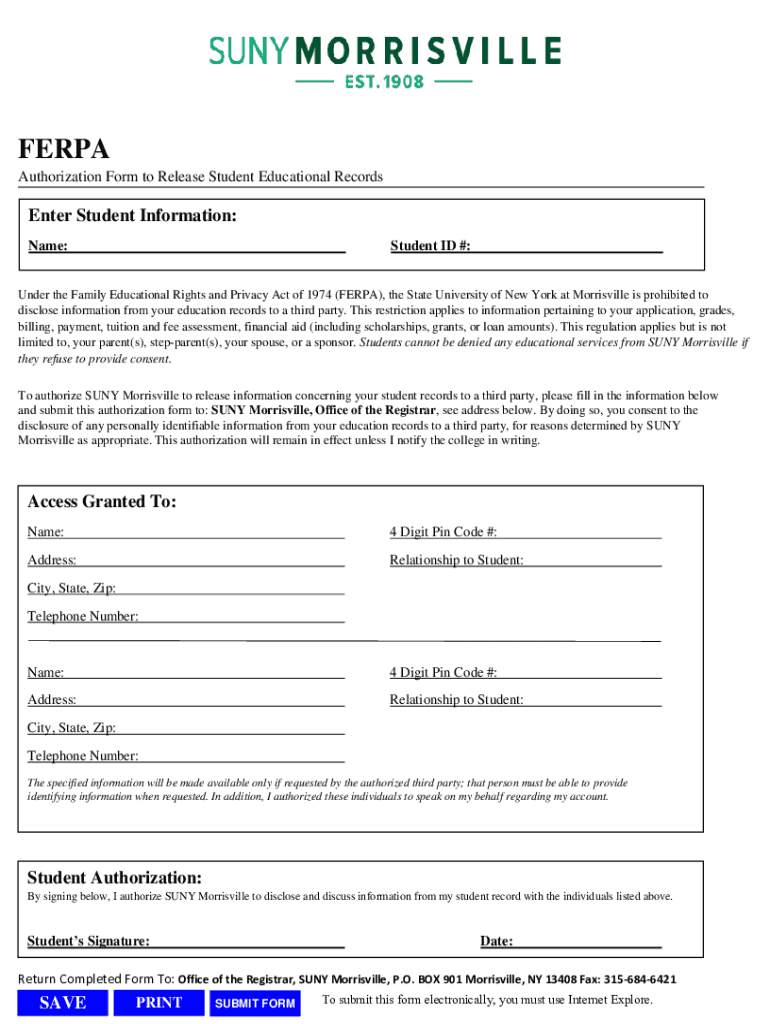  SUNY Morrisville FERPA Authorization Form to Release Student Educational Records 2019-2024