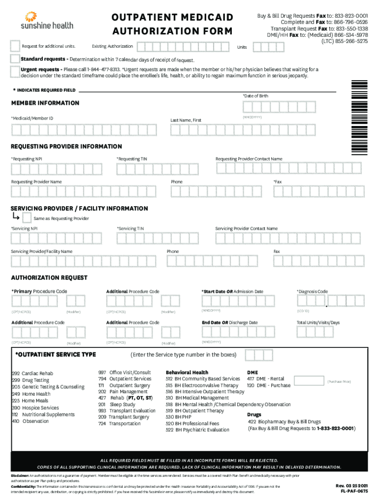  Outpatient Medicaid Authorization Form Form 2021-2024