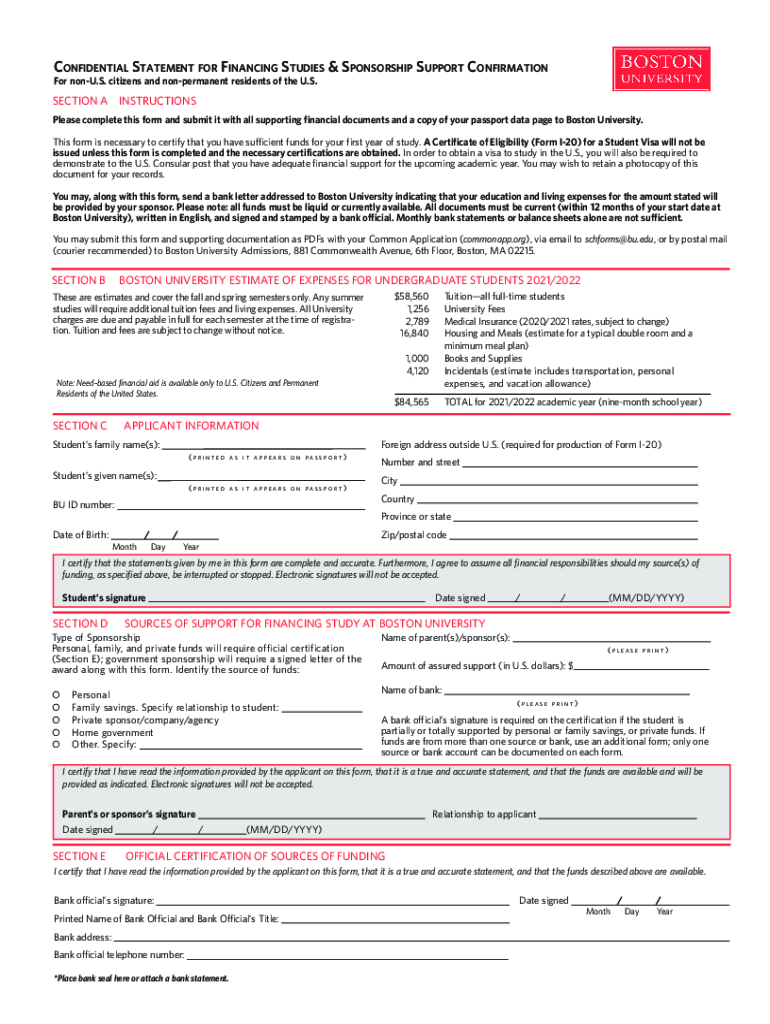 Confidential Statement for Financing Studies &amp; Sponsorship  Form