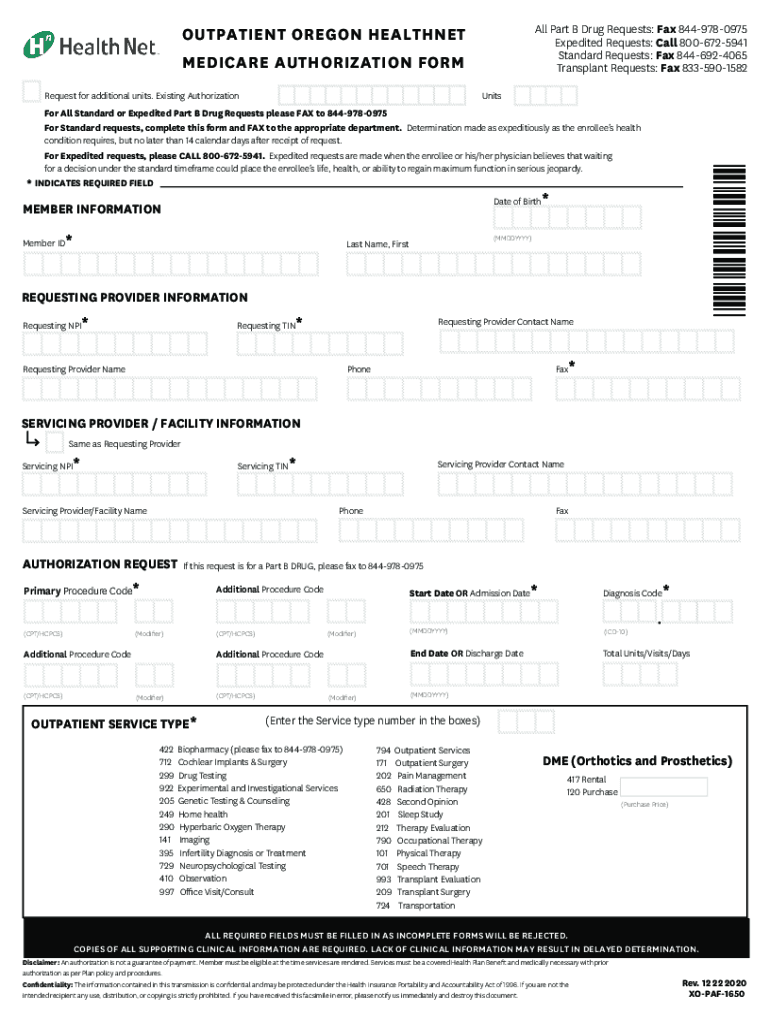 XO PAF 1650 Outpatient Oregon Healthnet Medicare Authorization Form Outpatient Oregon Healthnet Medicare Authorization Form