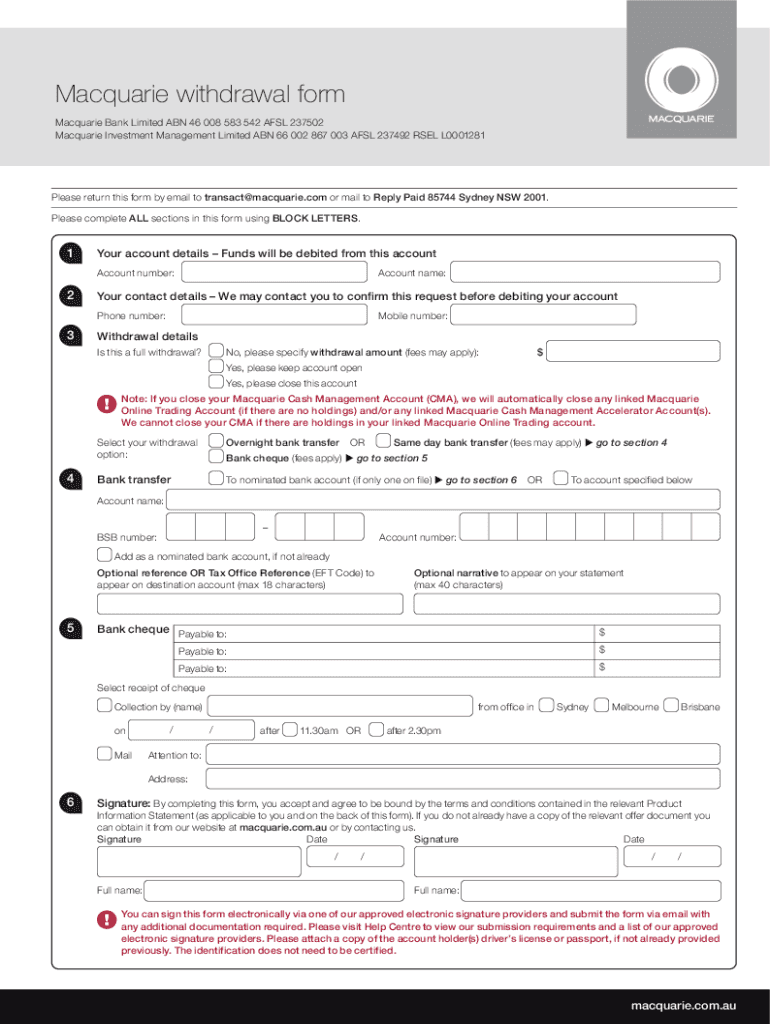  Macquarie Withdrawal Form Bank with MacquarieMacquarie 2021-2024