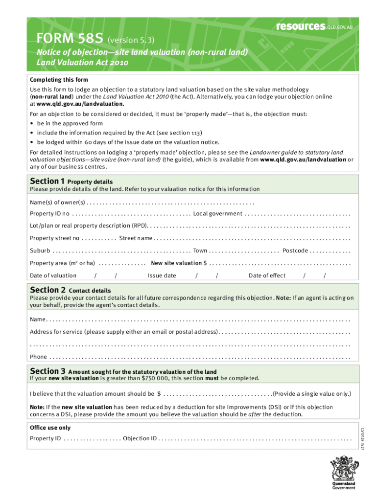  Form 58S Notice of Objection Site Land Valuation Non Rural 2021