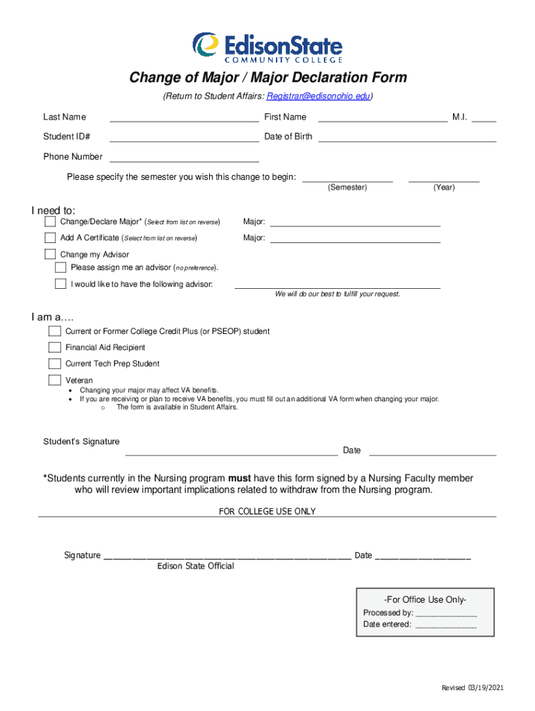 Change of Major Major Declaration Form