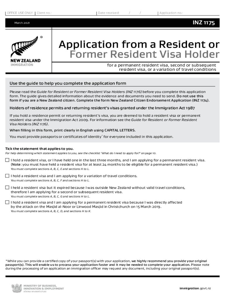  INZ 1175 Application from a Resident or Former Resident Visa Holder 2021