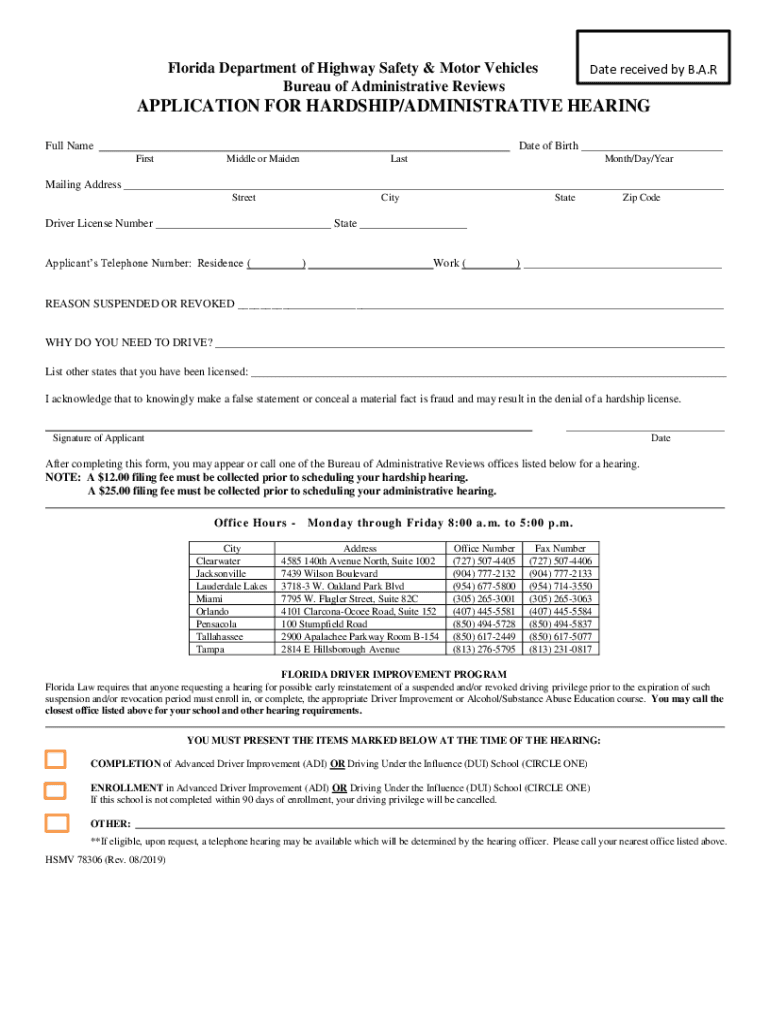 Florida Department of Highway Safety and Motor Vehicles Bureau of Administrative Reviews Application for HardshipAdministrative  2019-2022: get and sign the form in seconds