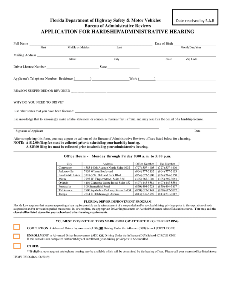  Florida Department of Highway Safety and Motor Vehicles Bureau of Administrative Reviews Application for HardshipAdministrative  2019