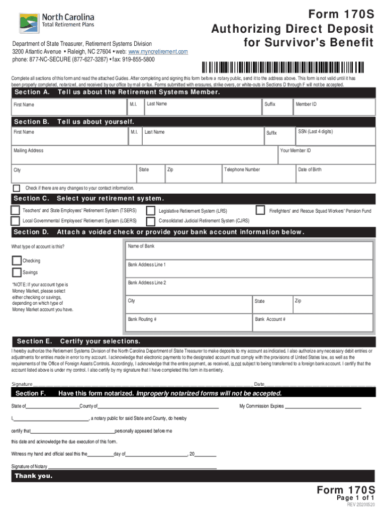  PDF Form 170S Authorizing Direct Deposit for Survivor's Benefit ORBIT 2020-2024