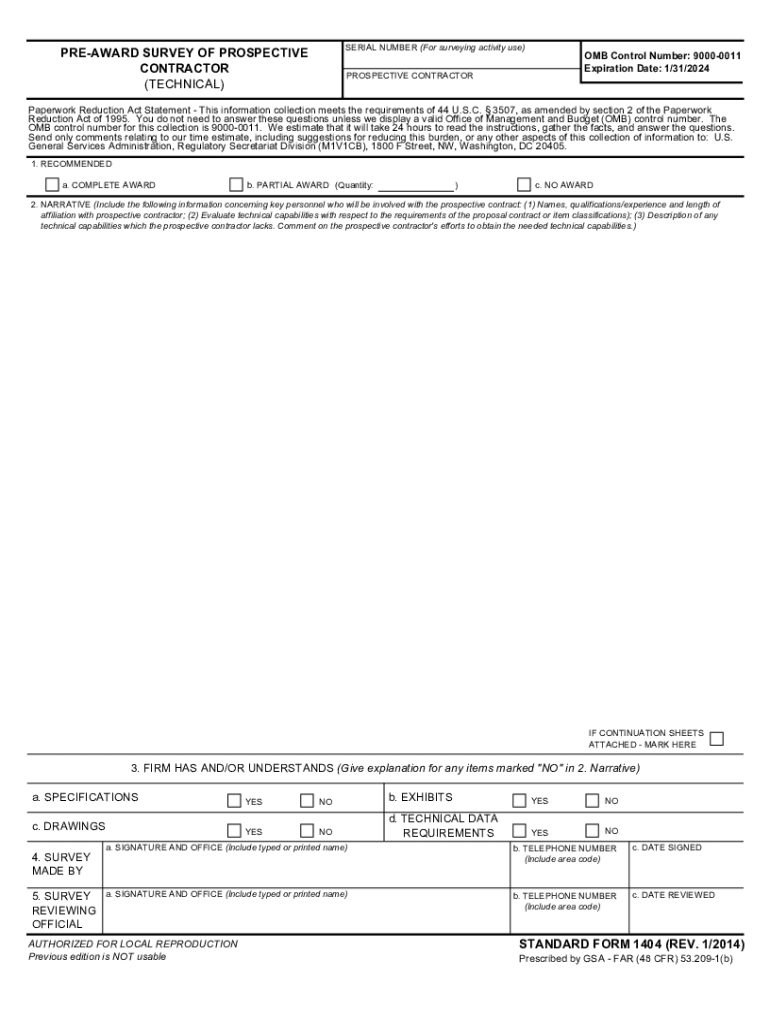 Standard Form 1404 Pre Award Survey of Prospective Contractor Technical