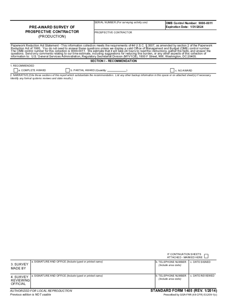 Standard Form 1405 Pre Award Survey of Prospective Contractor Production