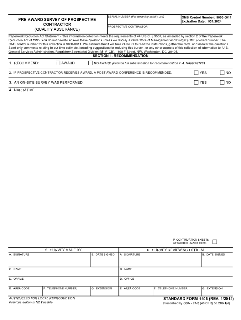 Standard Form 1406 Pre Award Survey of Prospective Contractor Quality Assurance