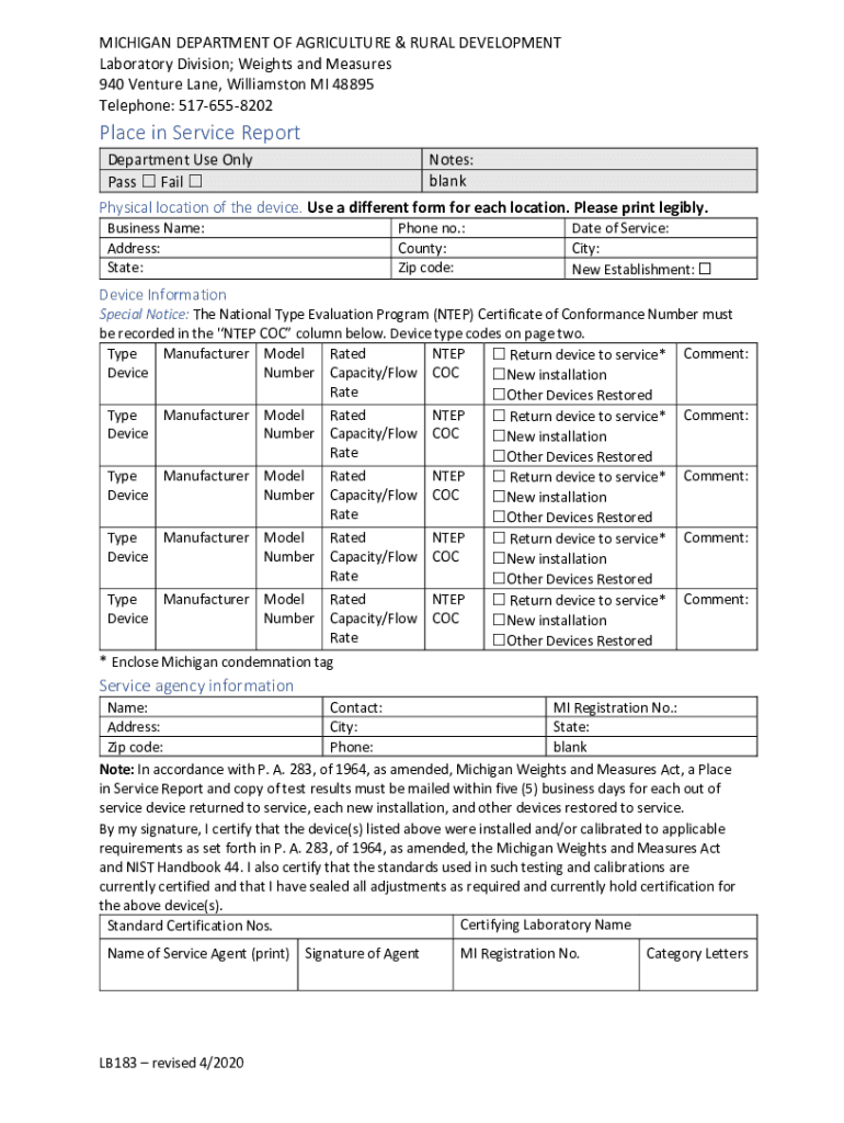  Form LB183 'Place in Service Report' Michigan 2020-2024