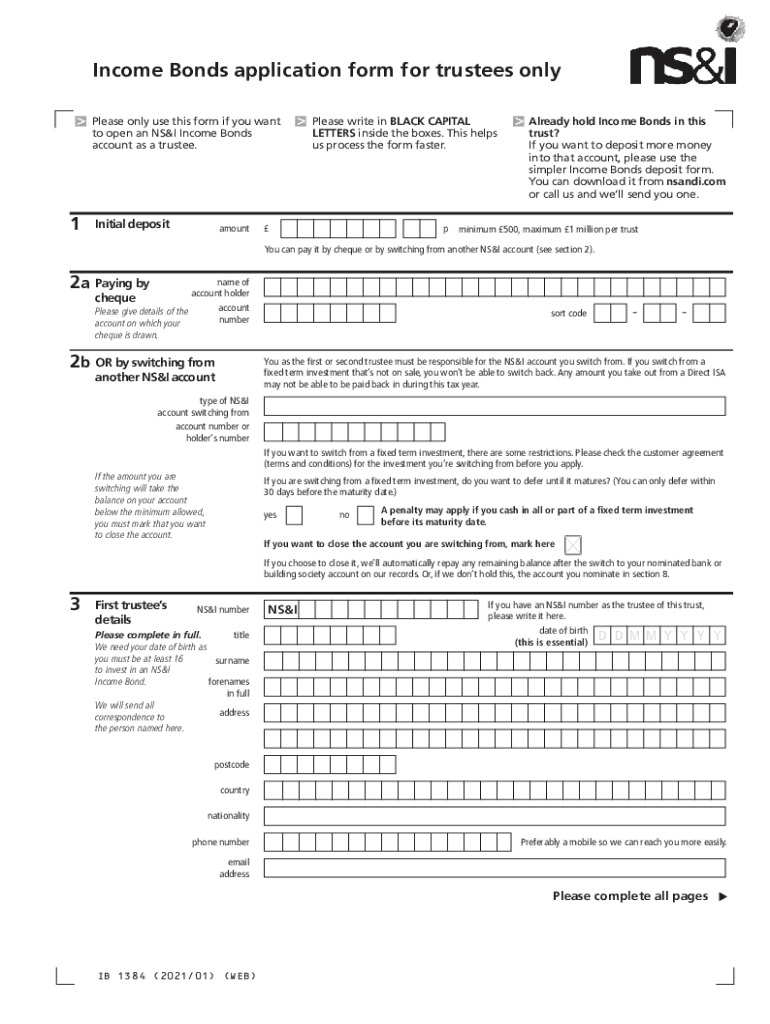 Income Bonds Trustee Application Form NS&I