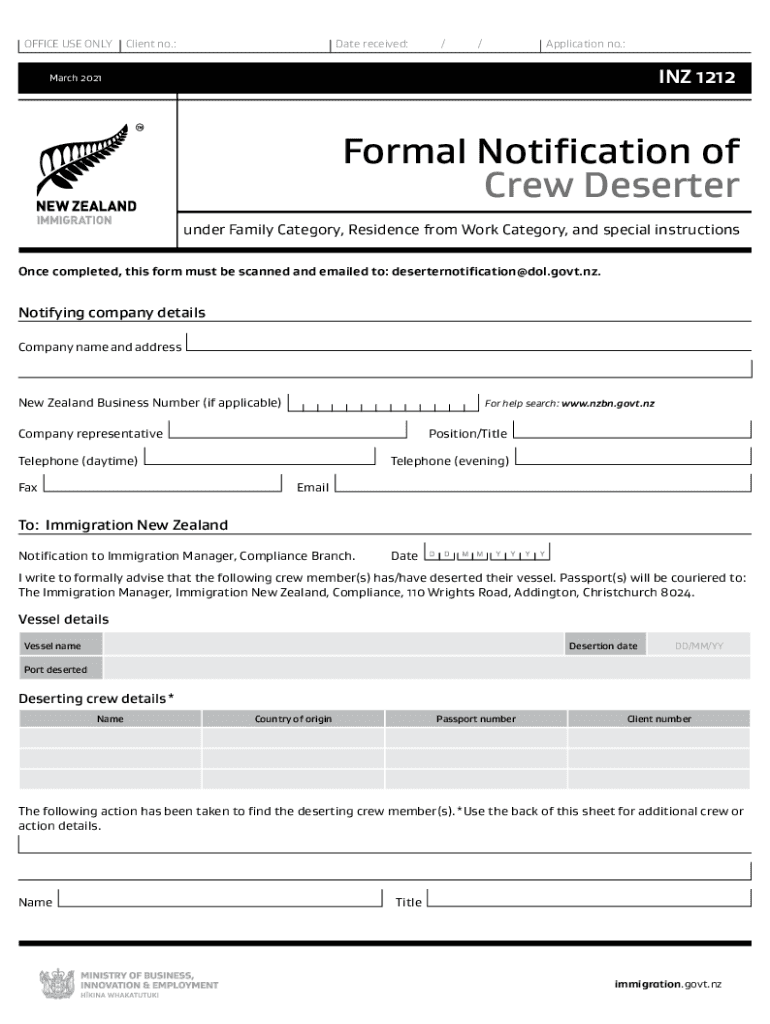 INZ 1212 Formal Notification of Crew Deserter