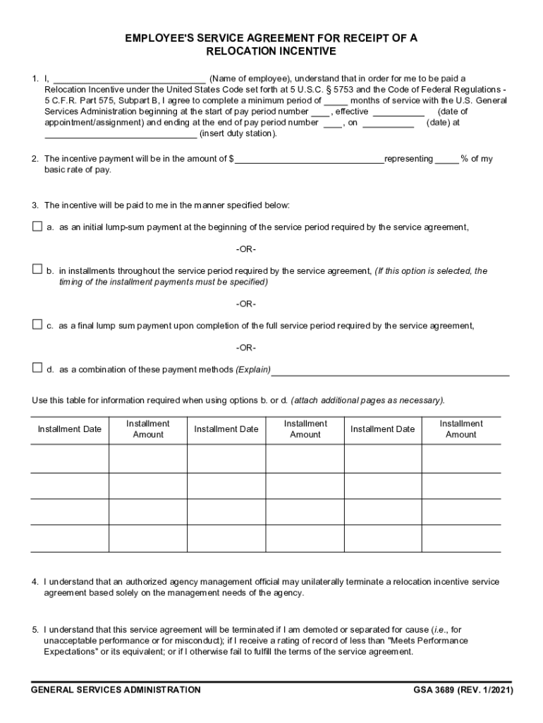 GSA 3689 Employee's Service Agreement for Receipt of a Relocation Incentive  Form